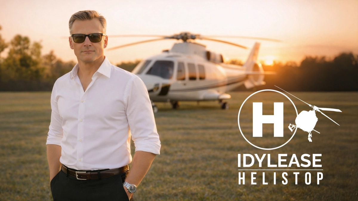 Richard Zampella standing at Idylease Helistop with a helicopter in the background at sunset